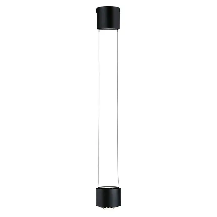 Paulmann URail LED-Pendelleuchte Aldan - Schwarz matt, Dimmbar - Aufnahme einer modernen, schlanken Stehlampe mit einem zylindrischen Lampenschirm oben und einem runden Sockel unten, verbunden durch zwei silberne Stützen.