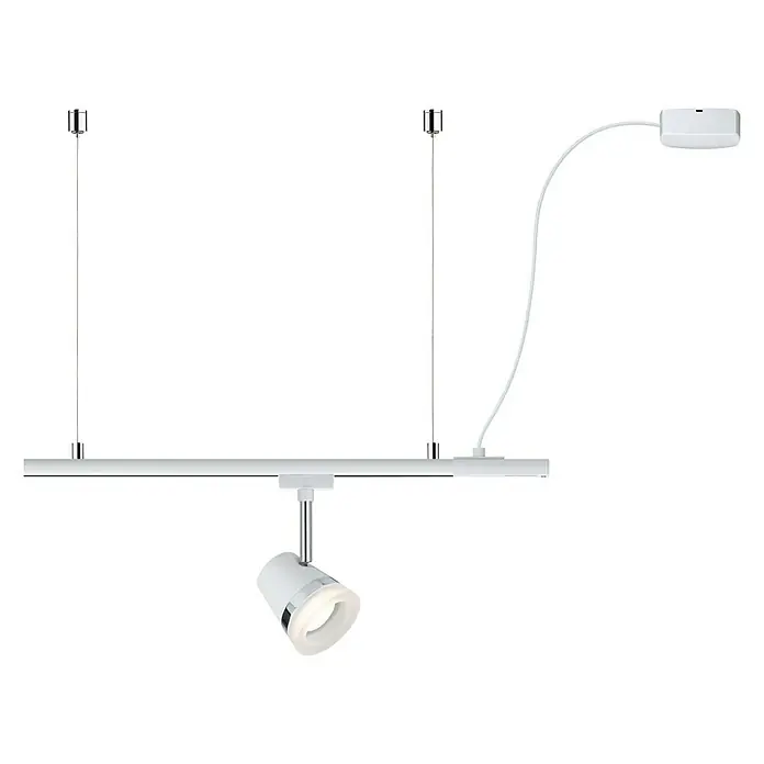 Paulmann URail Stromeinspeisung Cable Feed - Weiß, 2 m - Hängeleuchte mit einem weißen Strahler und silbernen Details, ideal für moderne Innenräume.\n