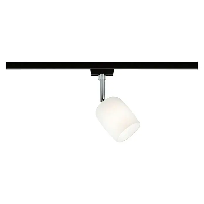 Paulmann URail LED-Spot Blossom - 10 W, Schwarz/Satin, G9, 1 Stk. - Nahaufnahme einer modernen Schienenleuchte mit weißem Lampenschirm und schwarzer Schiene. Elegante Beleuchtung für jeden Raum.