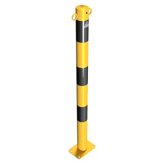 Schake Absperrpfosten Typ 460PBG - Stahl, Gelb/Schwarz, 2 Ösen - Sicherheitspoller mit gelben und schwarzen Streifen, ideal zur Verkehrssicherung und zum Schutz von Fußgängerbereichen.