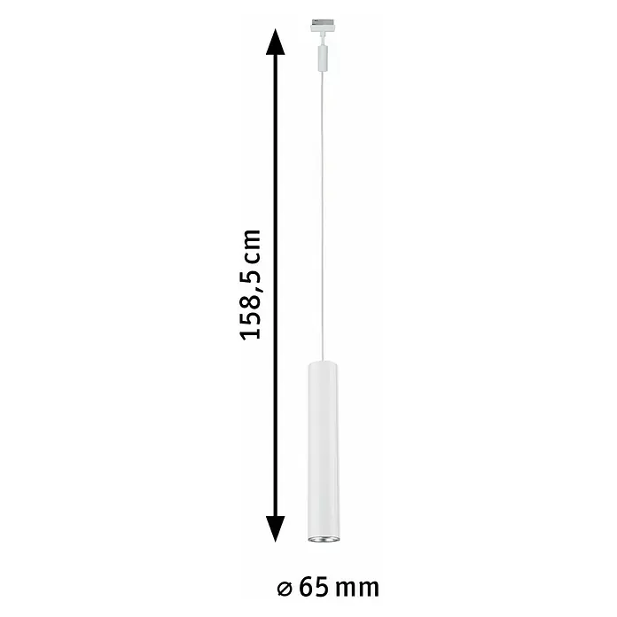 Paulmann URail Pendelleuchte Catalejo - 10 W, Weiß, Höhe: 38,3 cm - Abbildung einer weißen zylindrischen Pendelleuchte mit den Maßen 158,5 cm Höhe und 65 mm Durchmesser.