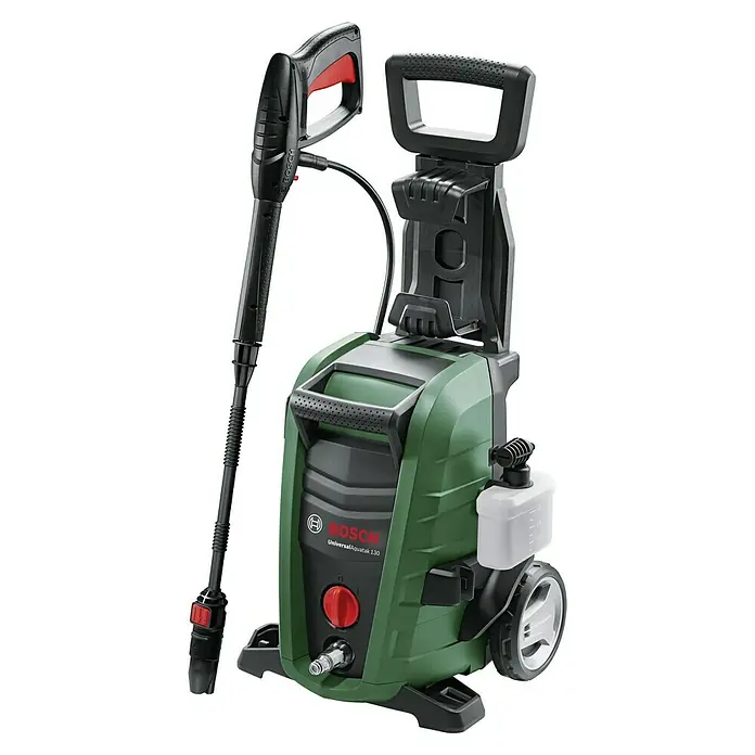 Bosch Hochdruckreiniger UniversalAquatak 130 - 1.700 W, Fördermenge: 380 l/h - Das Bild zeigt einen Bosch UniversalAquatak 130 Hochdruckreiniger mit Lanze und Zubehör, ideal für Reinigungsarbeiten rund ums Haus.