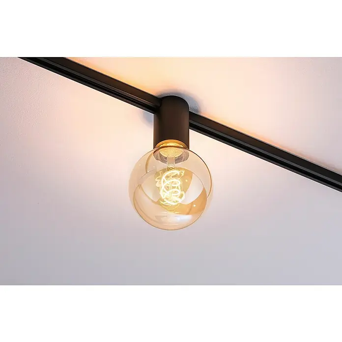 Paulmann URail Deckenleuchte Ceiling Socket - 20 W, Lampenfassung: E27, Schwarz matt - Eine moderne Deckenleuchte mit einem klaren, kugelförmigen Lampenschirm und einer warmen, gelblichen Lichtquelle an einer schwarzen Leiste.