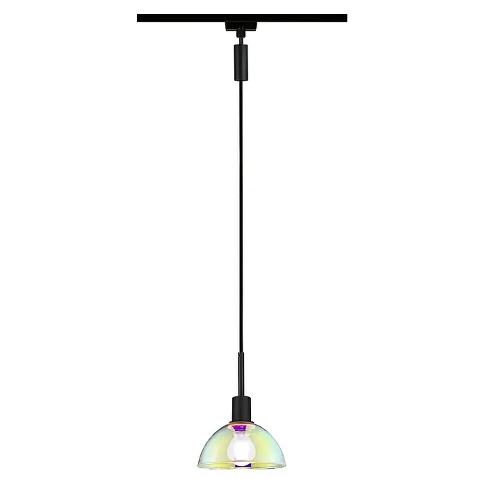 Paulmann URail Pendelleuchte Sarrasani - E14, Schwarz, Dichroic - Diese Aufnahme zeigt eine Pendelleuchte mit einem schillernden Glasschirm, der von einem minimalistischen schwarzen Gestell gehalten wird.