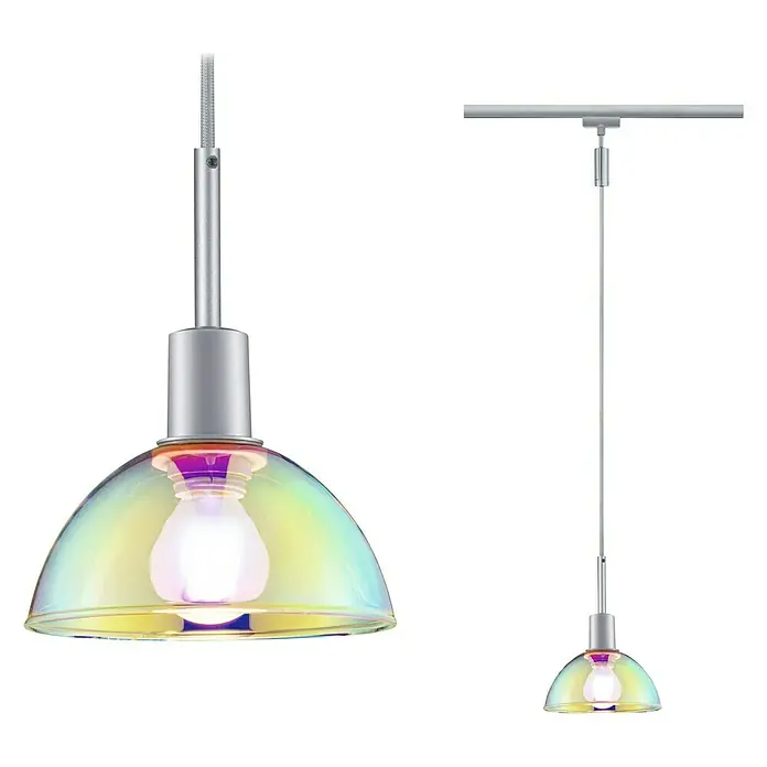 Paulmann URail Pendelleuchte Sarrasani - E14, Chrom-matt, Dichroic - Elegante Pendelleuchte mit irisierendem Glasschirm und silberfarbener Aufhängung für stilvolle Beleuchtung.