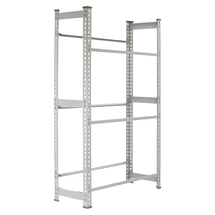 Simonrack Simonbottle Getränkekistenregal Bottleclick - H x B x T: 180 x 80 x 30 cm, Traglast Einlegeboden: 100 kg, Anzahl Böden: 3 Stk., Stecken, Silber - Das Bild zeigt ein robustes Lagerregal aus Metall mit mehreren Ebenen und einer stabilen Konstruktion, ideal für Lager und Werkstätten.