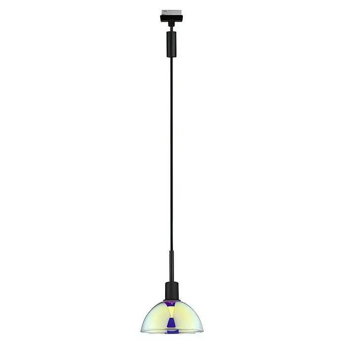 Paulmann URail Pendelleuchte Sarrasani - E14, Schwarz, Dichroic - Eine elegante Pendelleuchte mit einem schlanken, schwarzen Stab und einem auffälligen, schillernden Lampenschirm.