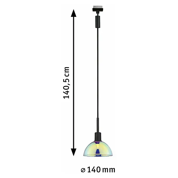Paulmann URail Pendelleuchte Sarrasani - E14, Schwarz, Dichroic - Abbildung einer Pendelleuchte mit einer Gesamtlänge von 140,5 cm und einem Durchmesser des Lampenschirms von 140 mm.