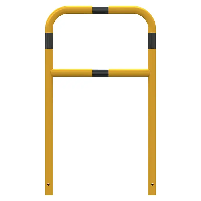 Schake Sperrbügel - 700 x 1.200 mm, Stahl, Einbetonieren, Mit Querholm - Geländerpfosten aus Stahl mit gelber Beschichtung und reflektierenden Streifen für erhöhte Sicherheit in Industrie und Gewerbe.