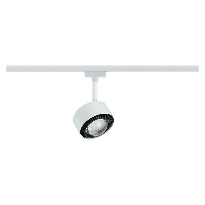 Paulmann URail LED-Spot Aldan - Weiß, Warmweiß, Ø x H: 9,8 x 17 cm - Nahaufnahme einer weißen Schienenleuchte mit einem zylindrischen Lampenkopf und einem klaren Objektiv, montiert an einer weißen Schiene.