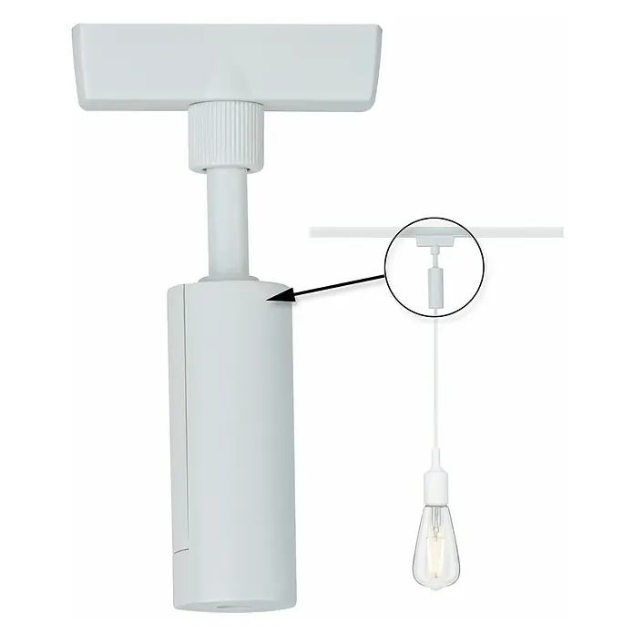 Paulmann URail Pendeladapter Universal - Weiß - Weiße Schienenleuchte mit LED-Strahler und skizzenhafte Darstellung einer Pendelleuchte, die ein modernes Beleuchtungssystem zeigt.
