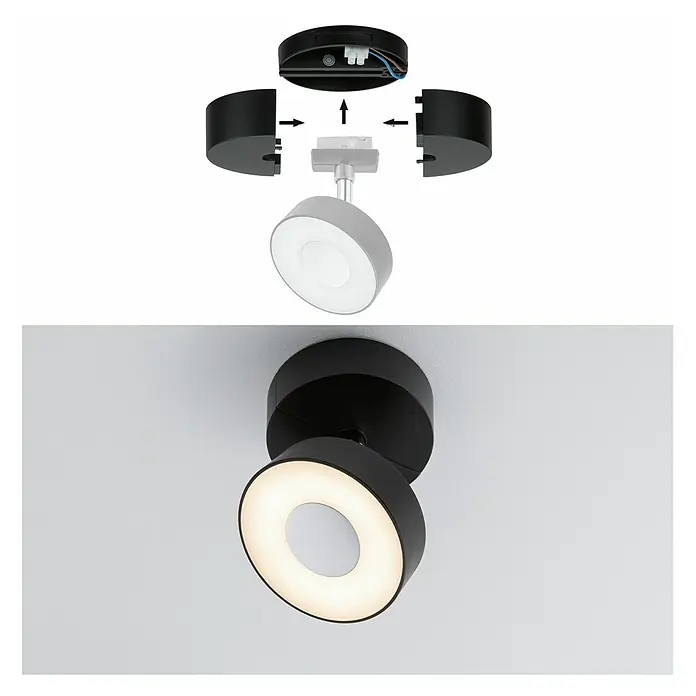 Paulmann URail LED-Spot Spot-Base - Schwarz matt, 10 cm - Diese Aufnahme zeigt eine moderne, schwarze LED-Deckenleuchte mit ringförmigem Lichtdesign, sowohl in Einzelteilen als auch montiert.