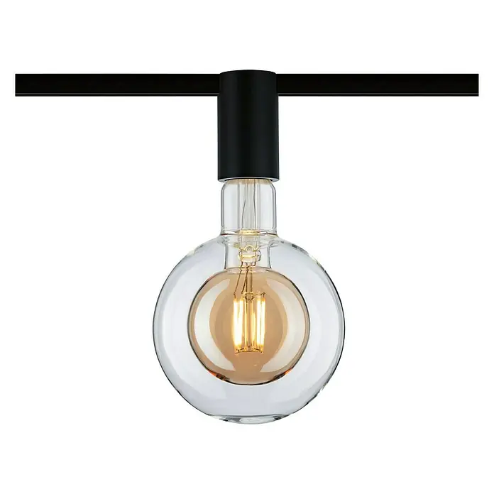 Paulmann URail Deckenleuchte Ceiling Socket - 20 W, Lampenfassung: E27, Schwarz matt - Nahaufnahme einer eleganten Pendelleuchte mit einer transparenten Kugel und einer warm leuchtenden Edison-Glühbirne an einer schwarzen Halterung.