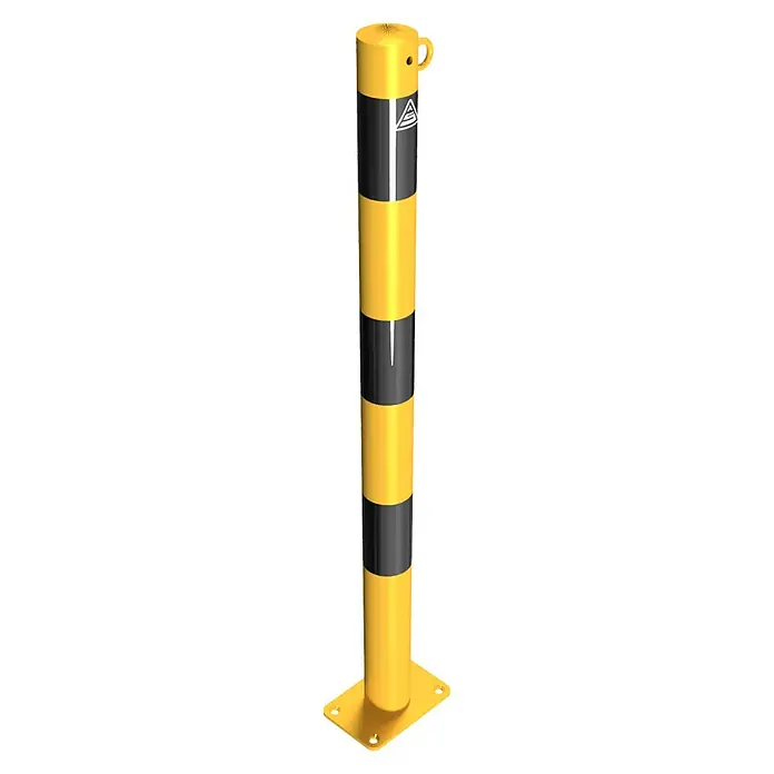 Schake Absperrpfosten Typ 460PBG - Stahl, Gelb/Schwarz, Öse - Gelb-schwarzer Sicherheitspoller mit Befestigungsplatte, ideal zur Verkehrsleitung und zum Schutz von Fußgängerbereichen. Robuster Schutzpoller.