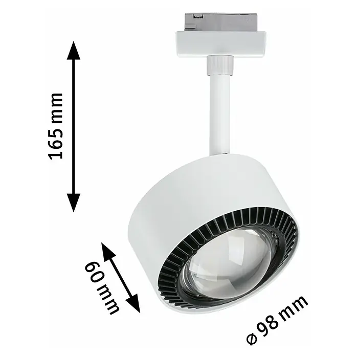Paulmann URail LED-Spot Aldan - Weiß, Warmweiß, Ø x H: 9,8 x 17 cm - Abbildung einer weißen LED-Schienenleuchte mit den Maßen 165 mm Höhe, 60 mm Breite und 98 mm Durchmesser.
