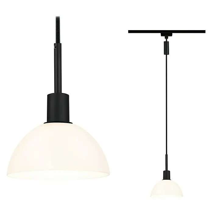 Paulmann URail Pendelleuchte Sarrasani - E14, Schwarz, Opal - Zwei elegante Pendelleuchten mit halbrunden, milchig-weißen Lampenschirmen und schwarzen Aufhängungen. Stilvolle Beleuchtung für jeden Raum.