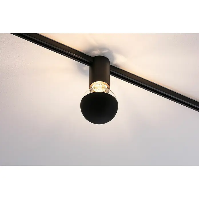 Paulmann URail Deckenleuchte Ceiling Socket - 20 W, Lampenfassung: E27, Schwarz matt - Moderne Deckenleuchte mit schwarzem Kugelschirm und warmem Licht, montiert an einer schwarzen Schiene. Elegantes Design für stilvolle Beleuchtung.