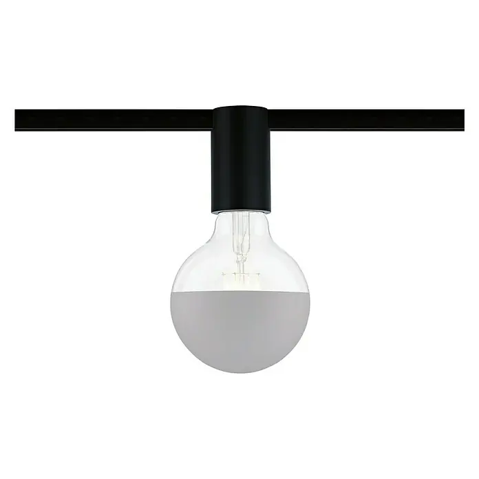 Paulmann URail Deckenleuchte Ceiling Socket - 20 W, Lampenfassung: E27, Schwarz matt - Pendelleuchte mit einer kugelförmigen Glühbirne, die zur Hälfte klar und zur Hälfte mattiert ist. Die Aufhängung ist schwarz und minimalistisch gestaltet.