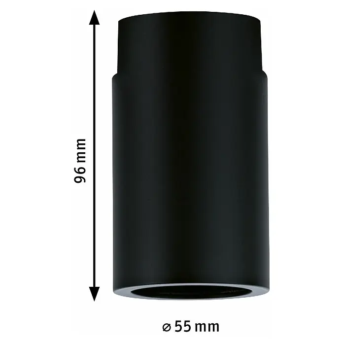 Paulmann URail Deckenleuchte Ceiling Socket - 20 W, Lampenfassung: E27, Schwarz matt - Abbildung einer schwarzen zylindrischen Aufbaulampe mit den Maßen 96 mm Höhe und 55 mm Durchmesser für das Loch.