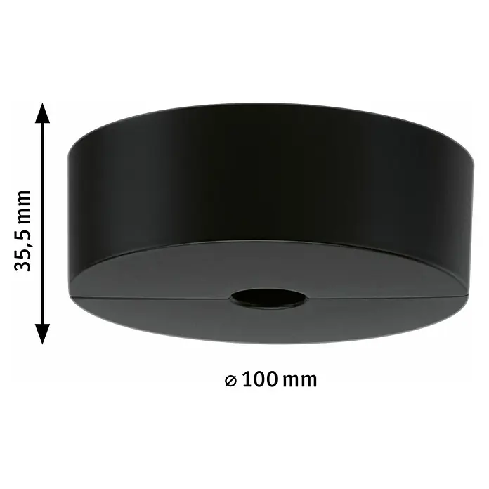 Paulmann URail LED-Spot Spot-Base - Schwarz matt, 10 cm - Produktbild einer schwarzen zylinderförmigen Deckenleuchte mit den Maßen 35,5 mm Höhe und 100 mm Durchmesser, ideal für stilvolle Innenräume.