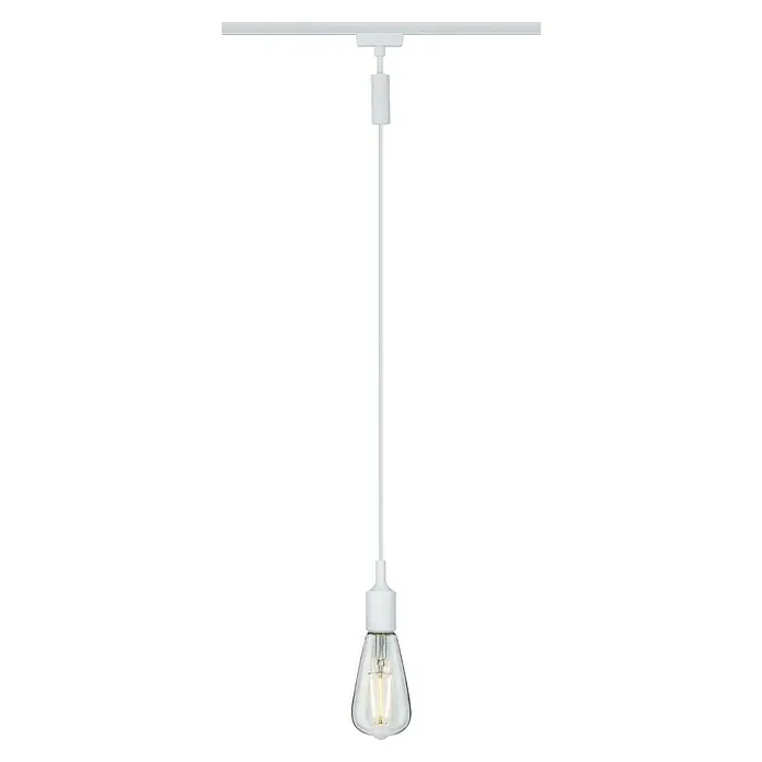 Paulmann URail Pendeladapter Universal - Weiß - Weiße Hängelampe mit Edison-Glühbirne unter einer weißen Schiene für eine moderne und minimalistische Beleuchtungslösung.