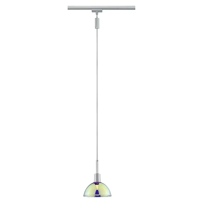 Paulmann URail Pendelleuchte Sarrasani - E14, Chrom-matt, Dichroic - Eine elegante Hängelampe mit einem schimmernden Glasschirm und einer schlanken, silbernen Aufhängung. Ideal für moderne Interieurs.