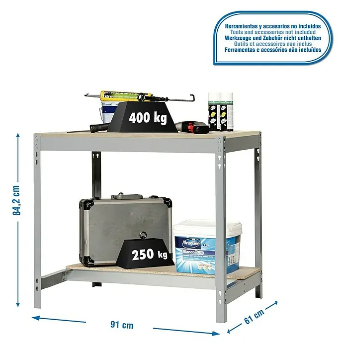 Simonrack Simonwork Werkbank BT0 900 - L x B: 61 x 91 cm, Arbeitshöhe: 84,2 cm, Belastbarkeit: 650 kg, Grau/Holz - Produktbild einer Werkbank mit einer Traglast von 400 kg auf der oberen und 250 kg auf der unteren Ablage.
