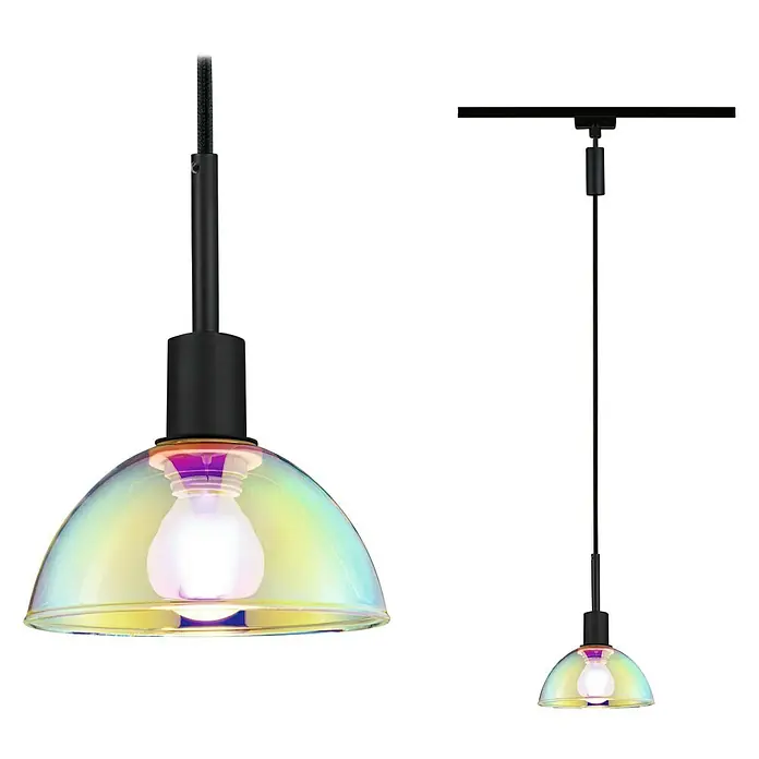 Paulmann URail Pendelleuchte Sarrasani - E14, Schwarz, Dichroic - Elegante Hängelampe mit irisierendem Glasschirm und mattschwarzer Aufhängung. Das Leuchtmittel strahlt warmes Licht aus.