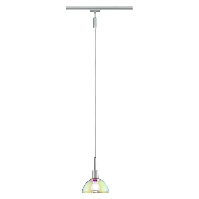 Paulmann URail Pendelleuchte Sarrasani - E14, Chrom-matt, Dichroic - Eine elegante, silberne Hängelampe mit einem schimmernden, irisierenden Lampenschirm, ideal für moderne Innenräume.