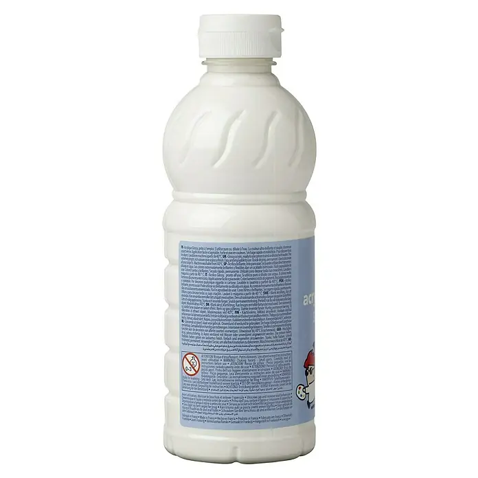 Lefranc & Bourgeois Acrylfarbe Glossy - Weiß, 500 ml, Flasche - Close-up of a white acrylic paint bottle with multilingual instructions, showcasing its versatility and application.