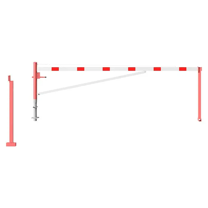 Schake Drehschranke - Mit Seilzugverstärkung & Diagonalverstrebung, Art Schloss: Dreikantverriegelung, Länge: 4.500 mm - Schlagbaum mit rot-weißen Streifen und Stützpfosten. Eine einfache, aber effektive Lösung für die Verkehrskontrolle und Zugangsbeschränkung.