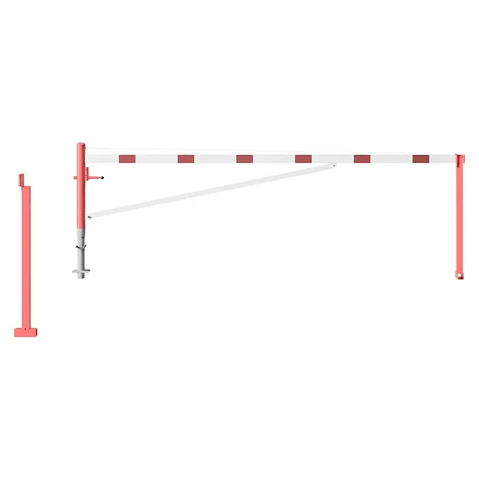 Schake Drehschranke - Mit Seilzugverstärkung & Diagonalverstrebung, Art Schloss: Vorhängeschloss, Länge: 4.500 mm - Weiße und rote Schranke mit Metallpfosten.