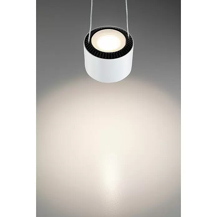 Paulmann URail LED-Pendelleuchte Aldan - Weiß, Dimmbar - Weiße zylindrische Pendelleuchte mit schwarzem Oberteil und hellem LED-Licht, an Kabel hängend.