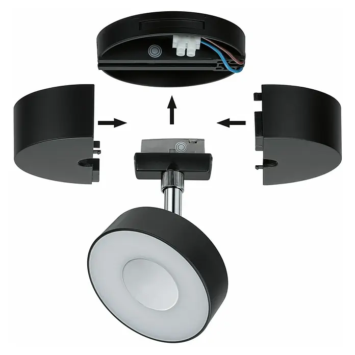 Paulmann URail LED-Spot Spot-Base - Schwarz matt, 10 cm - Bild einer zerlegten, modernen Deckenleuchte in Schwarz und Weiß, die ihre Montage zeigt.\n