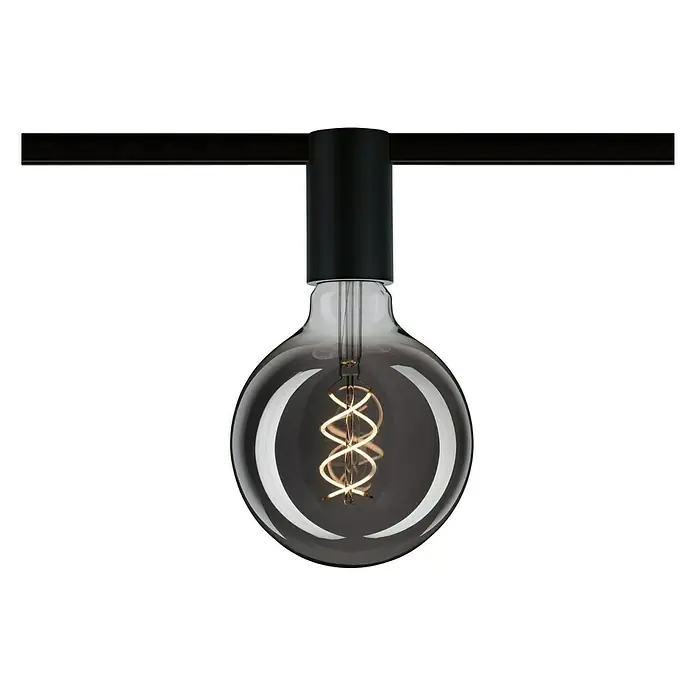 Paulmann URail Deckenleuchte Ceiling Socket - 20 W, Lampenfassung: E27, Schwarz matt - Elegante Glühbirne mit sichtbarem Glühfaden an schwarzer Halterung. Das Licht ist warm und einladend, ideal für stimmungsvolle Beleuchtung.