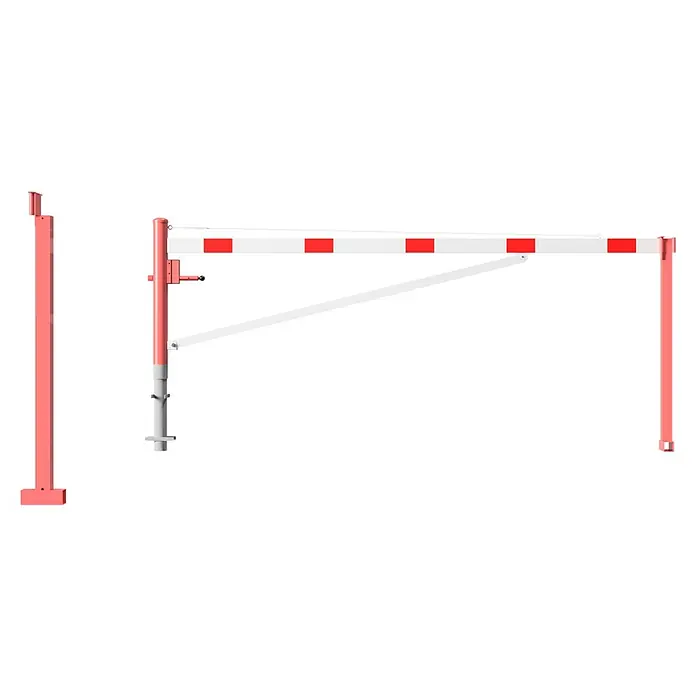 Schake Drehschranke - Mit Seilzugverstärkung & Diagonalverstrebung, Art Schloss: Dreikantverriegelung, Länge: 3.500 mm - Schlagbaum mit rot-weißen Streifen und Stützstruktur. Ideal zur Verkehrskontrolle und Zugangssicherung.