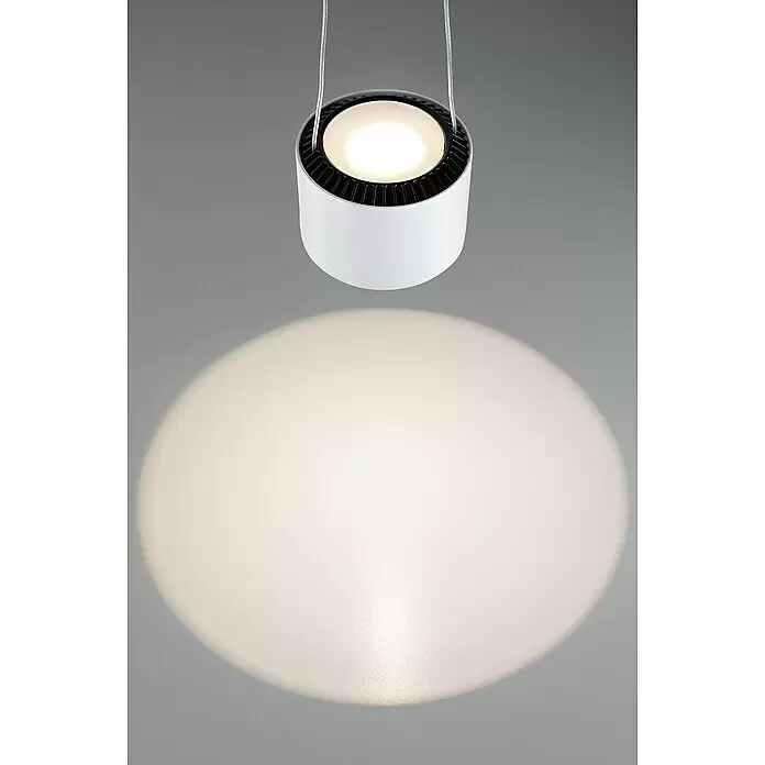 Paulmann URail LED-Pendelleuchte Aldan - Weiß, Dimmbar - Weißes zylindrisches Pendellicht mit schwarzem Oberteil, das einen breiten kreisförmigen Lichtstrahl wirft.