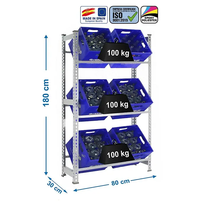 Simonrack Simonbottle Getränkekistenregal Bottleclick - H x B x T: 180 x 80 x 30 cm, Traglast Einlegeboden: 100 kg, Anzahl Böden: 3 Stk., Stecken, Silber - Ansicht eines Schwerlastregals mit blauen Kisten, gefüllt mit Flaschen und jeweils mit 100 kg Gewicht belastet.