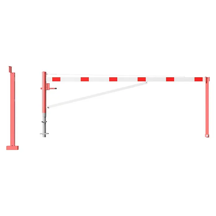 Schake Drehschranke - Mit Seilzugverstärkung & Diagonalverstrebung, Art Schloss: Profilzylinderschloss, Länge: 4.000 mm - Bild einer Schranke in Rot und Weiß. Sie ist mit einer Stange und einer diagonalen Stütze versehen.