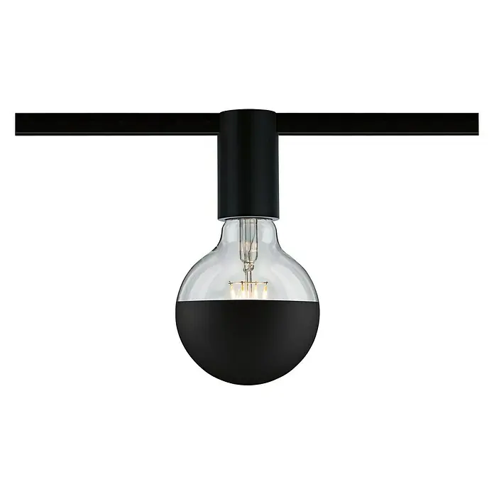 Paulmann URail Deckenleuchte Ceiling Socket - 20 W, Lampenfassung: E27, Schwarz matt - Nahaufnahme einer Glühbirne mit schwarzem Sockel, die an einer schwarzen Stange befestigt ist. Das Licht ist warm und einladend.