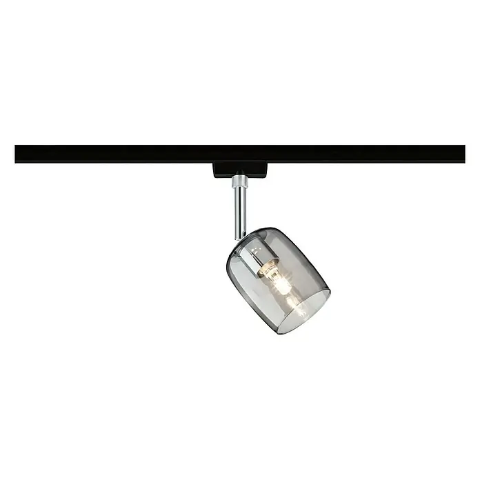 Paulmann URail LED-Spot Blossom - 10 W, Schwarz/Rauchglas, G9, 1 Stk. - Nahaufnahme einer stilvollen schwarzen Schienenleuchte mit einem grauen Glasschirm und einer klaren Glühbirne.