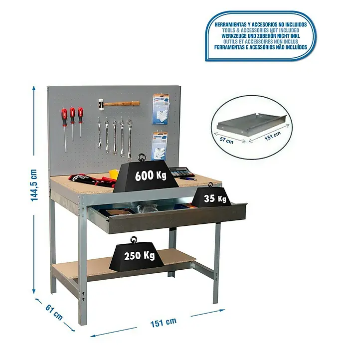 Simonrack Simonwork Werkbank Set BT2 Box 1500 - Grau/Holz, Breite: 151 cm - Werkbank mit Werkzeugwand und Schublade, Maße 144,5 x 151 x 61 cm. Werkzeuge und Zubehör sind nicht enthalten.