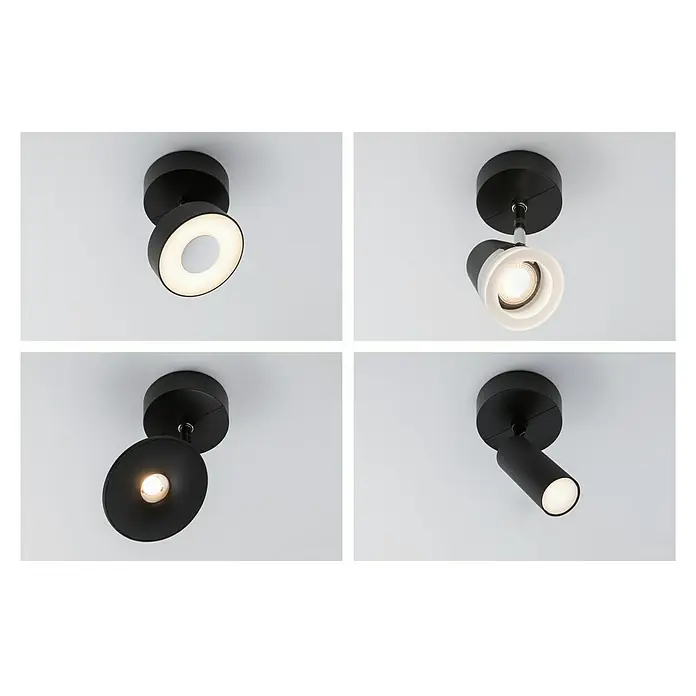 Paulmann URail LED-Spot Spot-Base - Schwarz matt, 10 cm - Verschiedene Ansichten einer schwarzen LED-Deckenleuchte, die sich ideal für moderne Innenräume eignet.