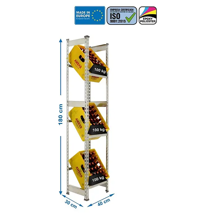 Simonrack Simonbottle Getränkekistenregal Bottleclick - H x B x T: 180 x 40 x 30 cm, Traglast Einlegeboden: 100 kg, Anzahl Böden: 3 Stk., Stecken, Silber - Produktbild eines beladenen, höhenverstellbaren Regalsystems mit gelben Getränkekisten, das für eine hohe Traglast ausgelegt ist.