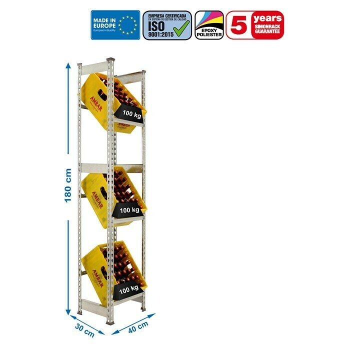 Simonrack Simonbottle Metall-Getränkekistenregal BottleclickL x B x H: 30 x 40 x 180 cm, Traglast: 100 kg/Boden, Anzahl Böden: 3 Stk., Silber Sketch
