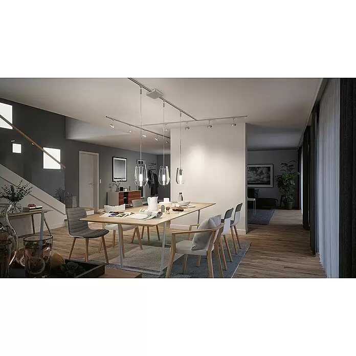 Paulmann URail Mittel-Einspeisung Zigbee - 300 W, Chrom - Ein modernes silbernes Schienensystem mit weißen Strahlern und drei klaren Glaspendelleuchten über einem Esstisch.