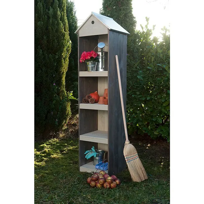 Bondex Kraftreiniger Hartholz - 500 ml, Formflasche mit kindergesichertem Verschluss - Gartenregal aus Holz mit Gartenzubehör wie Gießkanne, Blumen, Töpfe, Handschuhe, Schuhe, Äpfel und Besen.