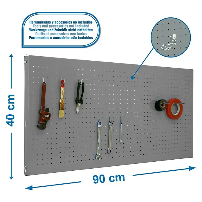 Simonrack Panelclick Lochwand - L x B: 90 x 40 cm - Graue Werkzeugwand mit Werkzeugen und Zubehör, die nicht im Lieferumfang enthalten sind, Abmessungen 40 x 90 cm.