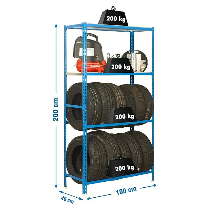 Simonrack Simonauto Reifenregal Simongarage Plus - H x B x T: 200 x 100 x 40 cm, Traglast pro Träger: 200 kg, Anzahl Böden: 2 Stk., Stecken, Blau/Silber - Regal mit Reifen, Kompressor und Gewichten. Die Abmessungen sind 200 cm hoch, 100 cm breit und 40 cm tief.