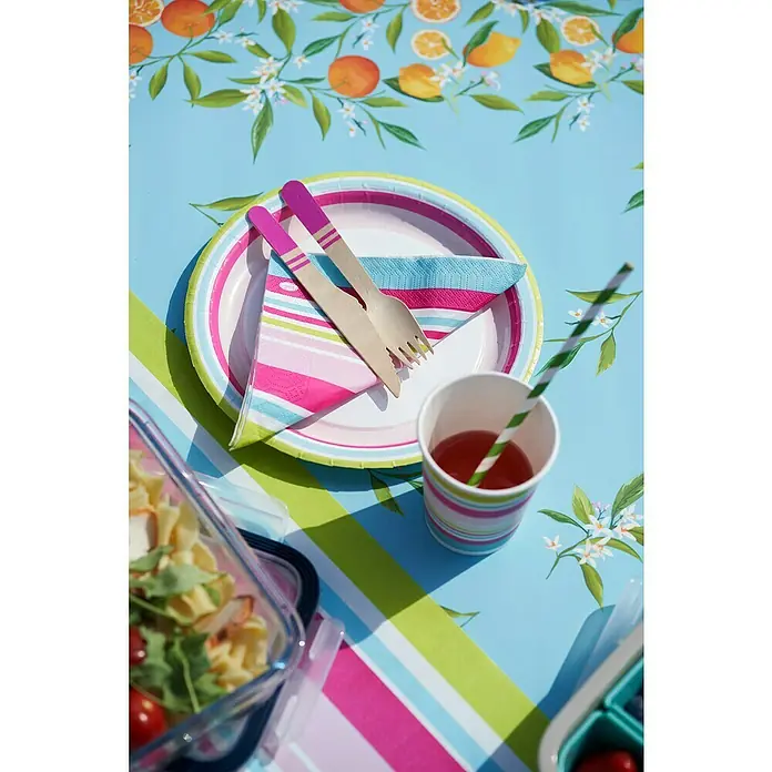Duni Pappteller10 Stk., Durchmesser: 22 cm, Bright Stripes - Bunte Picknick-Szene mit Teller, Besteck und Getränk auf einer sommerlichen Tischdecke mit Obstmotiven.